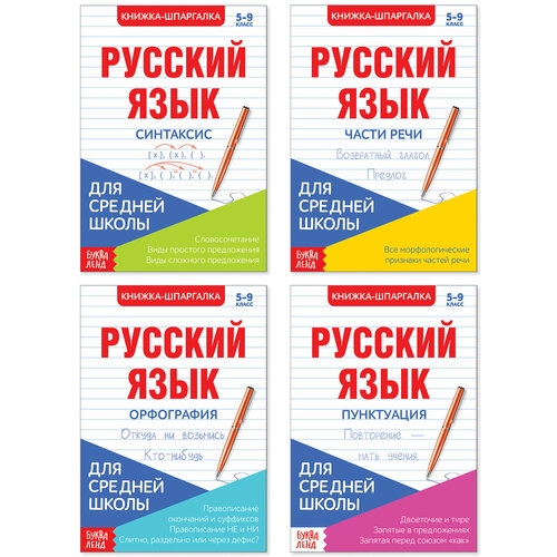 Набор книжек-шпаргалок Учим русский язык для средней школы, конспект с правилами, 4 книги