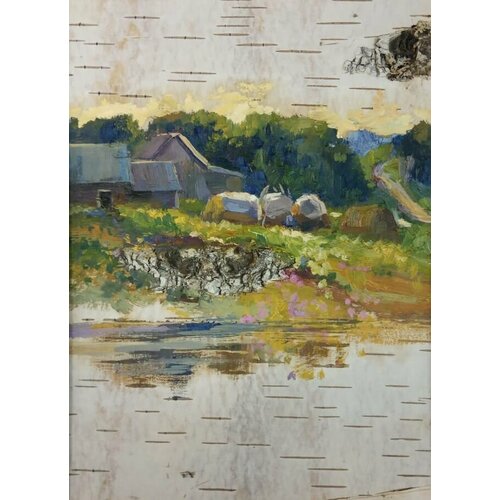 Картина Летняя пора 24х18 см береста масло авторская работа 4000₽