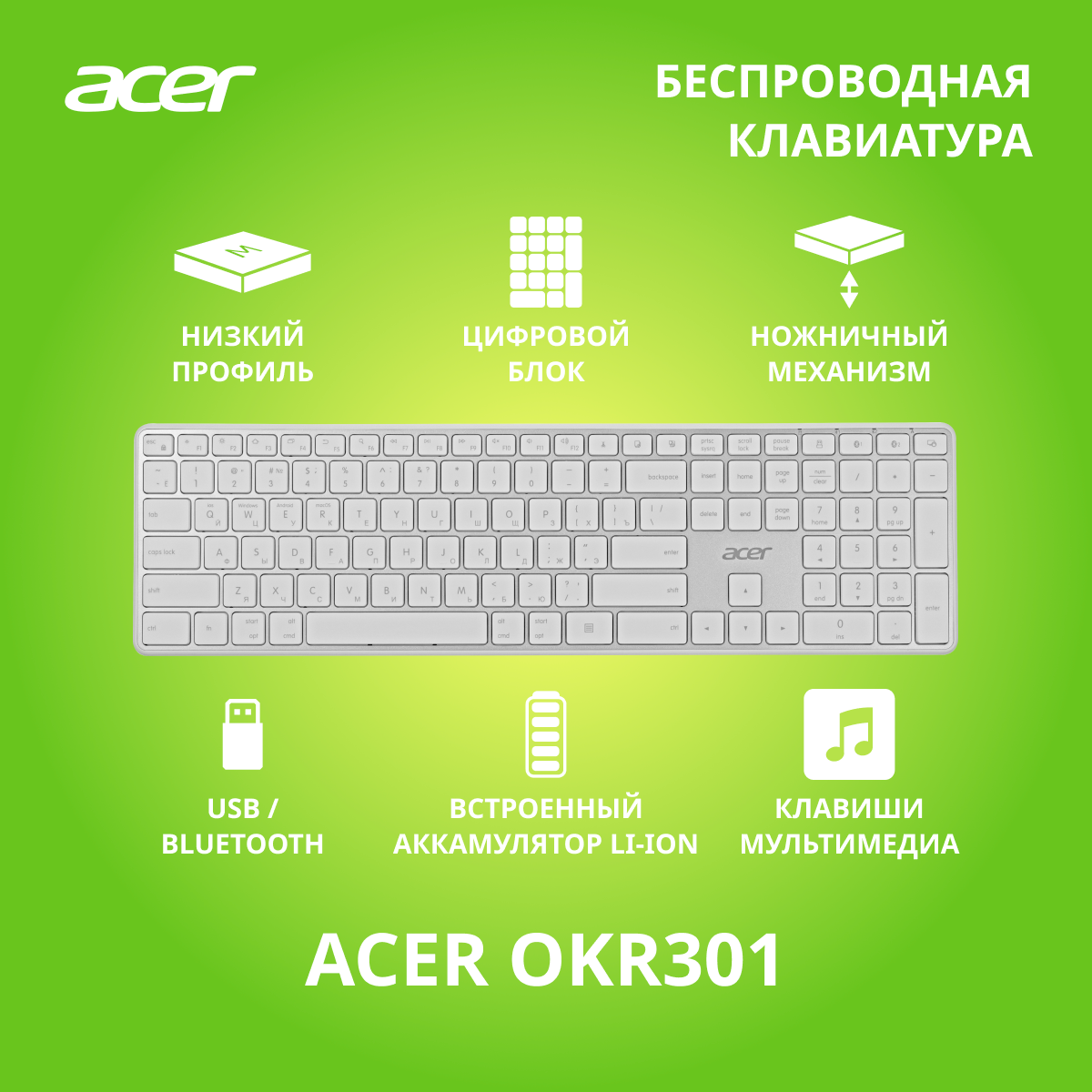 Клавиатура Acer OKR301, русские и английские буквы, серебристый (zl. kbdee.015)