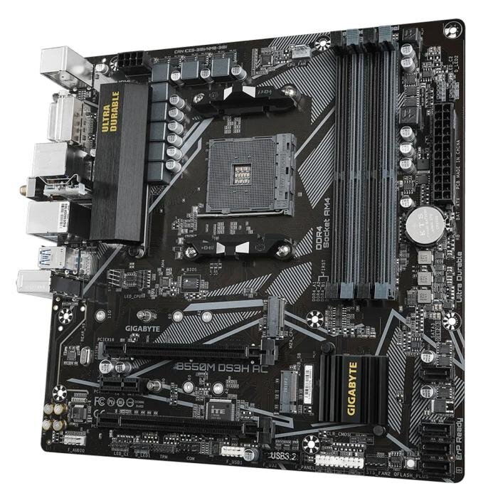 Материнская плата Gigabyte B550M DS3H AC (SocketAM4 AMD B550 mATX4DDR4 ECC/non-ECC2M.22PCI-E16 PCI-E DVI HDMI PC4733 Wi-Fi BT)