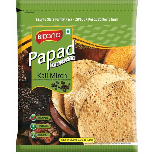 Extra Crunchy PAPAD KALI MIRCH, Bikano (Хрустящие лепёшки папад С чёрным перцем, Бикано), 200 г.