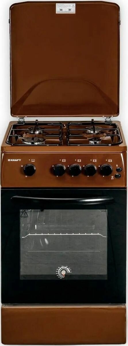 Газовая плита KRAFT KF-FSK5403AGBR, газовая духовка, металлическая крышка, сталь, коричневый и черный