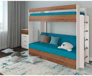 Кровать двухъярусная с диваном Есэндвич new Лаворо, 110x209 см (Анкор Белый/Дуб Аризона/Savana Plus Lagoon)