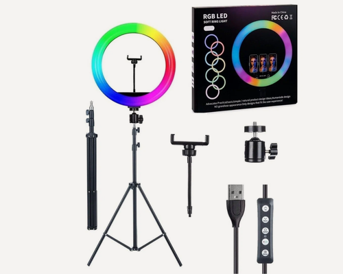 Изображение товара Кольцевая лампа 33 см RGB + штатив 2 м + держатель для телефона "Селфи кольцо RGB LED SOFT RING LIGHT MJ33"