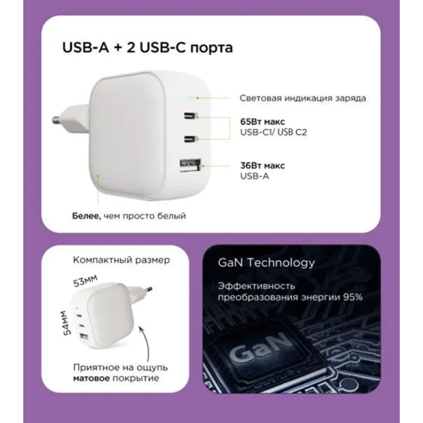 Сетевое зарядное устройство VLP G-Charge 65Вт 2*USB-С+USB-A, PD, QC, белый - фото №8