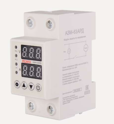 Изображение товара Блок защиты по напряжению "Ресанта" АЗМ-63АРД регулируемый (с дисплеем), 220 (230) В, 63 А, менее 13,9 кВА
