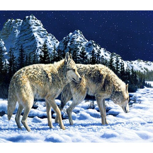 Алмазная мозаика. Картина стразами на подрамнике (размер 40х50 см, полная выкладка, круглые стразы) Волки