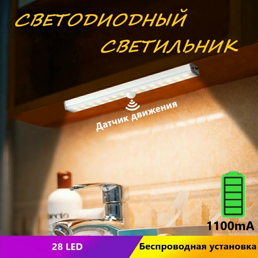 Беспроводная светодиодная лампа с датчиком движения и освещения, 28 LED, аккумуляторный светильник на магнитном креплении.