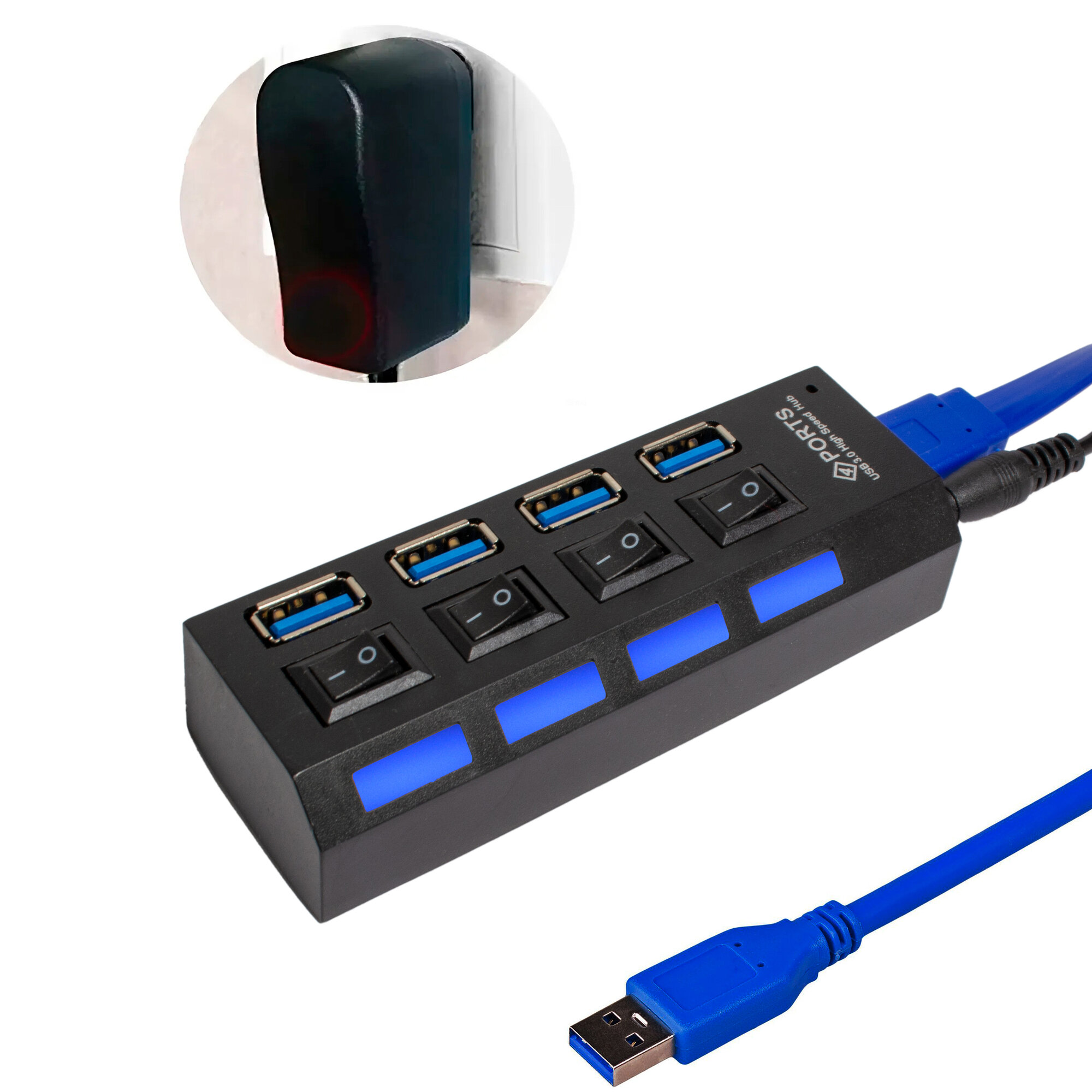 Активный USB-концентратор (Хаб) на 4 порта с питанием HRS AR-21 на 1x USB 3.0 + 3x USB 2.0 с сетевым адаптером (50 см) (USB 3.0 - AM/MicroBM) (Черный)