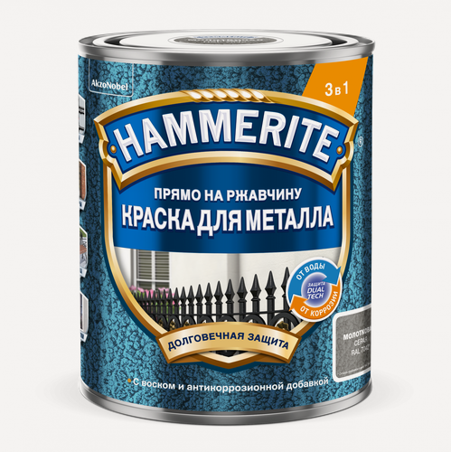 Изображение товара Краска HAMMERITE для металла с молотковым эффектом прямо на ржавчину RAL7042 серая 0,75л