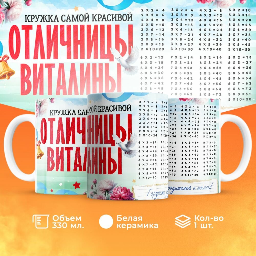 Кружка, "Самой красивой отличницы Виталины", на день рождения дочки, в подарок для девочки, внучки с таблицей умножения 330 мл