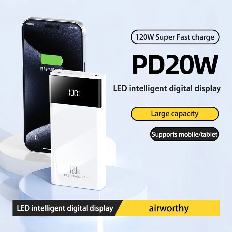 Power Bank большой емкости Xiaomi 120 Вт 100000 Портативное зарядное устройство Powerbank с быстрой зарядкой мАч для iPhone Samsung Huawei, Black 100000mAh — фото 1