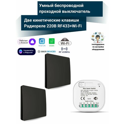 Умный WiFi беспроводной проходной выключатель света черный 2 кинетических выключателя умное реле 433МГцWi-Fi 2500₽