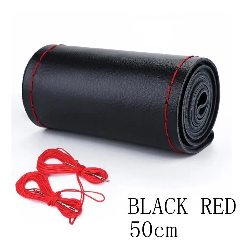 Оплетка из натуральной кожи для руля, с иглами, 42, 45, 47, 50 см, BLACK RED 50CM