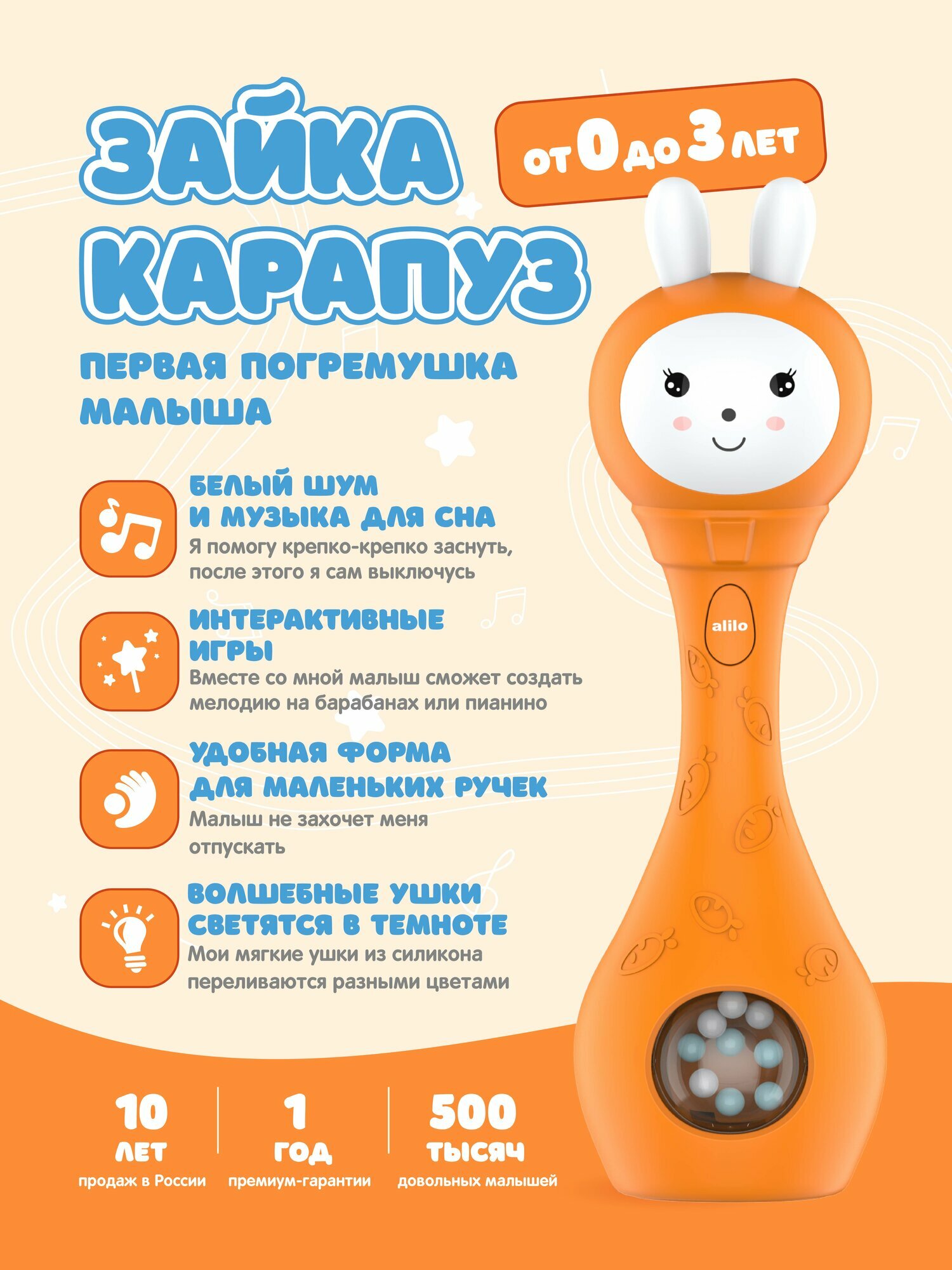 Музыкальная погремушка игрушка Зайка-Карапуз alilo для новорождённых 0+, белый шум