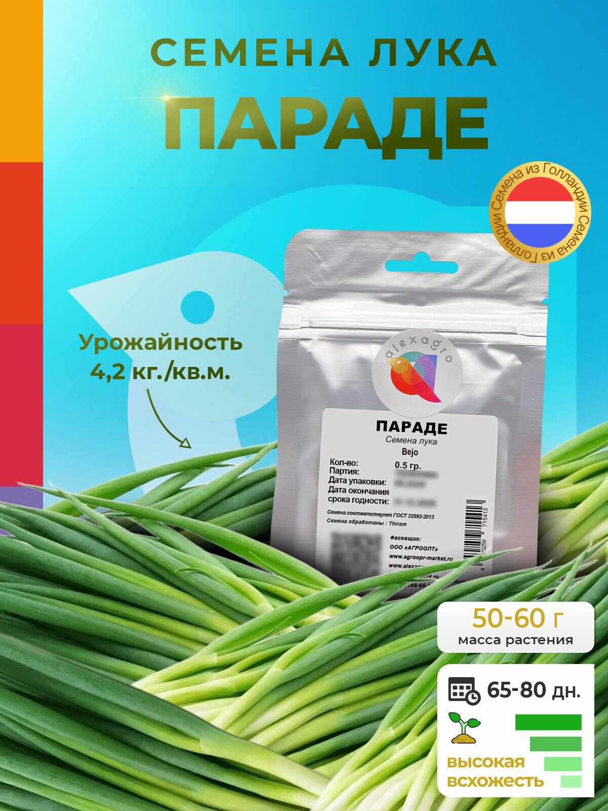 Семена лука на зелень Параде батун Bejo/Alexagro. Для посадки в открытый грунт на балконе подоконнике и теплице 05 г