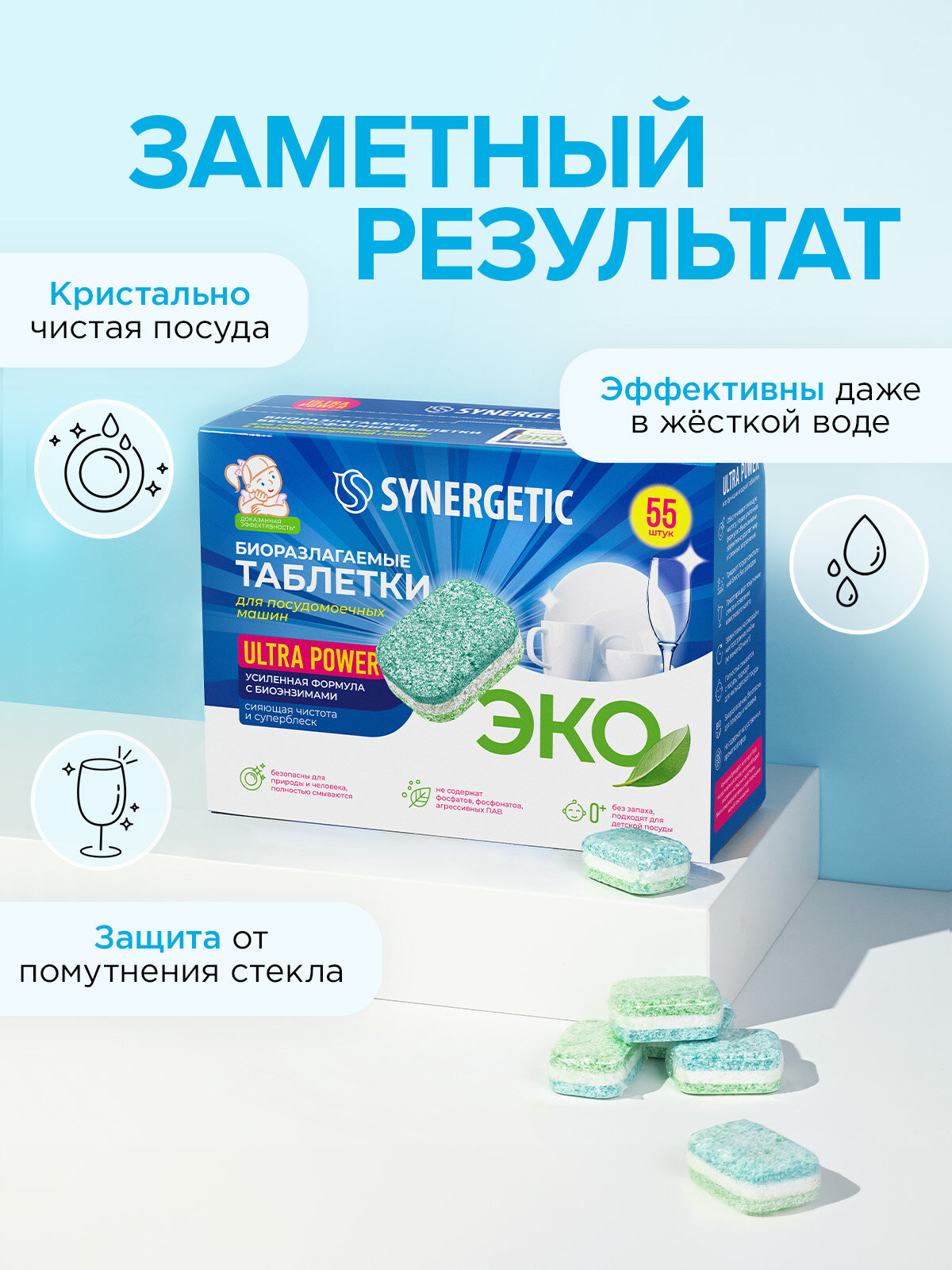 Таблетки для посудомоечных машин SYNERGETIC ULTRA POWER 55 шт, без запаха, бесфосфатные, биоразлагаемые, усиленная формула с био-энзимами — фото 1