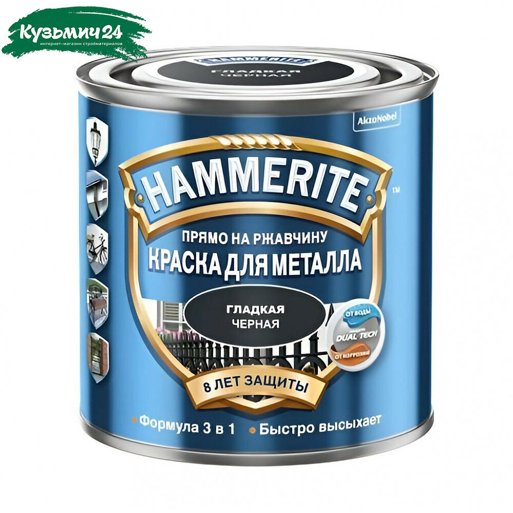 Краска Hammerite для металла гладкая прямо на ржавчину 3 в 1 черная RAL 9005 2 л