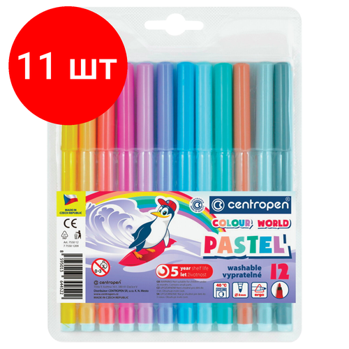 Комплект 11 шт, Фломастеры пастельные 12 цветов CENTROPEN Colour World Pastel, смываемые, 7550/12TP, 7 7550 1287