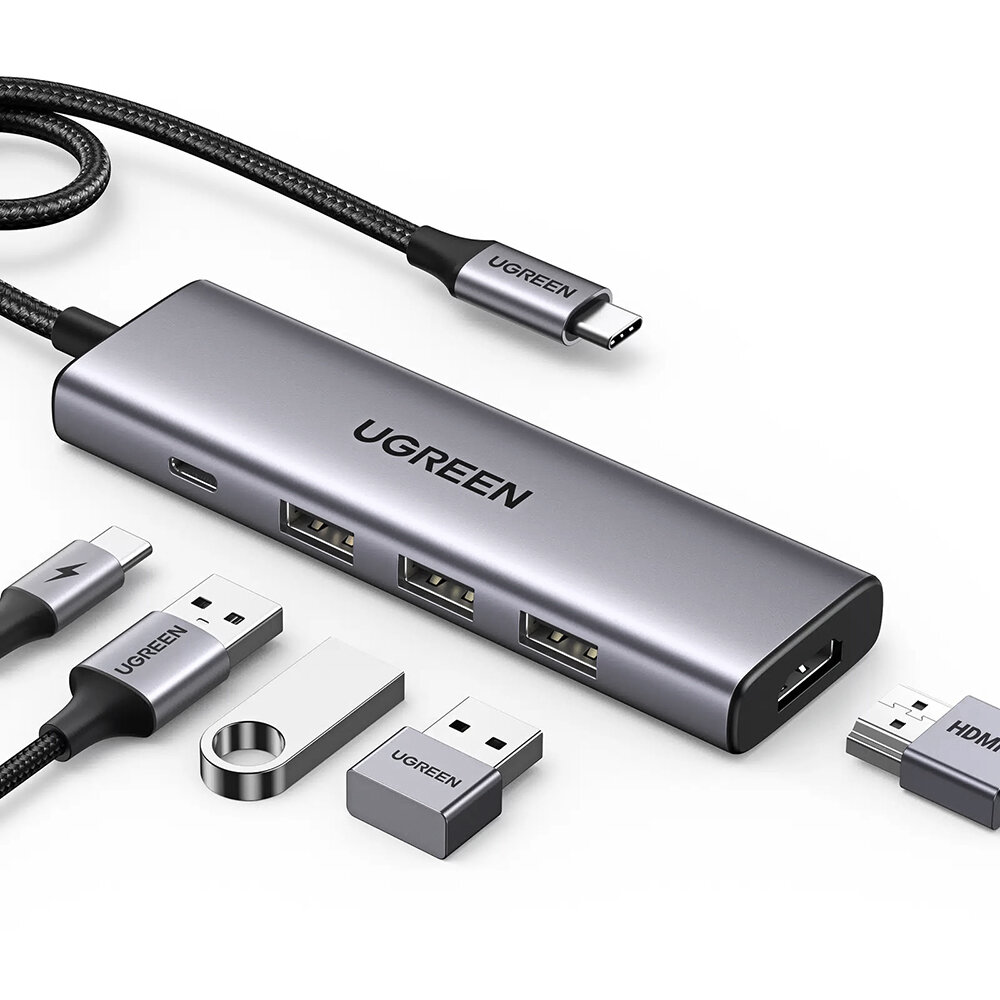 Мульти Хаб Ugreen CM511 USB Type-C to HDMI / 3 x USB 3.0 / USB-Type-C (PD) серебристый (15596)