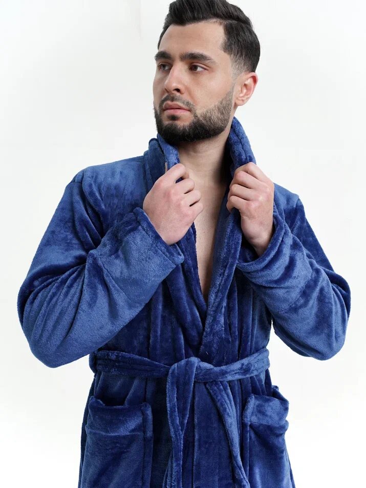 Халат синий с длинным рукавом и карманами 54 размер - фотография № 3