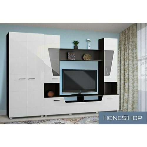 Стенка для гостиной Тэрн ЛДСП/МДФ корпус венге цава, фасад белый глянец, 258х38.1х192.8