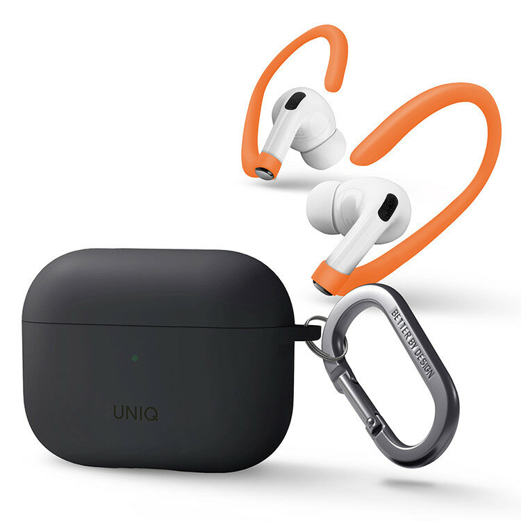 Uniq NEXO силиконовый чехол для AirPods Pro 2, с карабином и креплением на ухо, тёмно-серый