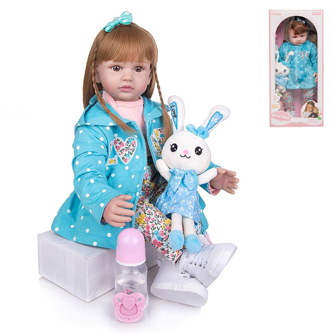 Кукла Baby toys в бирюзовом плаще розовой кофте брюках с плюшевым зайчиком 60 см WJ-36073