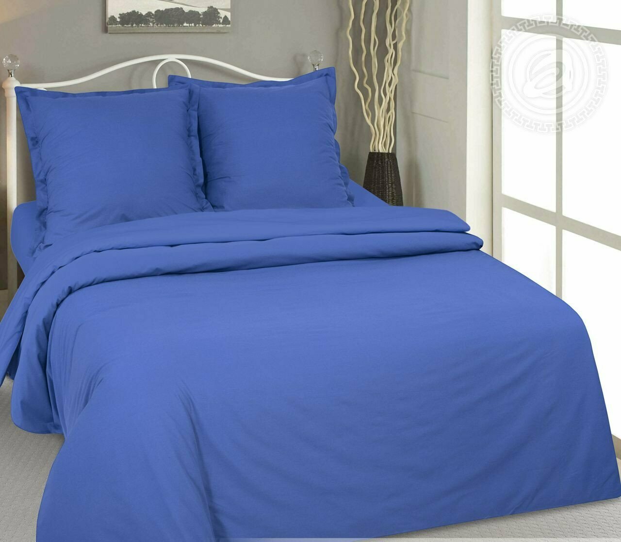 Комплект постельного белья из однотонного поплина евро "Синий"