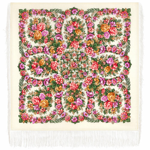 Платок Павловопосадская платочная мануфактура,89х89 см, бежевый, розовый