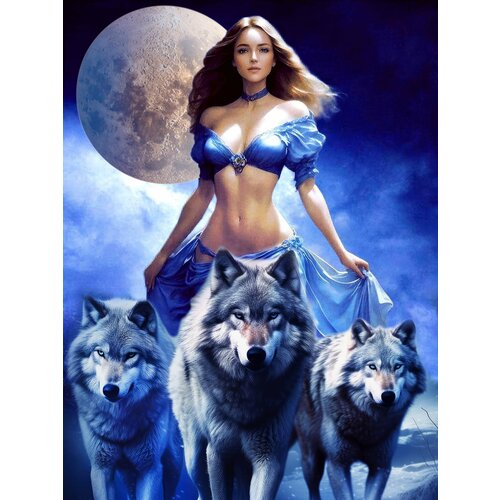 Алмазная мозаика на подрамнике 40x50 полная выкладка Царица зверей волки девушка