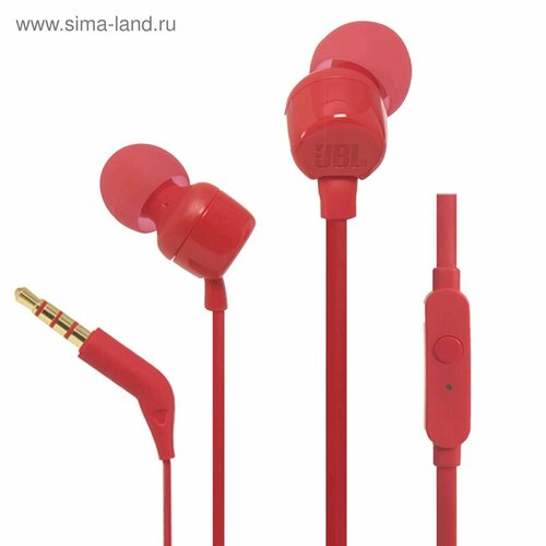 Наушники T110, вакуумные, микрофон, 100дБ, 16 Ом, 3.5 мм, 1.2 м, красные наушники jbl t110 вакуумные микрофон 100дб 16 ом 3 5 мм 1 2 м красные