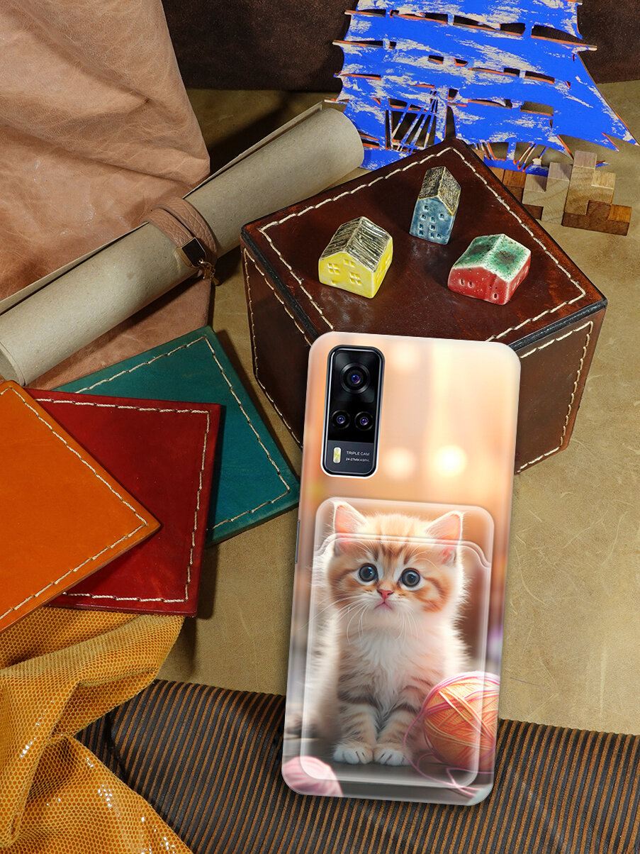 Силиконовый чехол на Vivo Y31 / Y53s 4G / Y51 2020 с рисунком "Котик и нитки" и карманом для карт — фото 1
