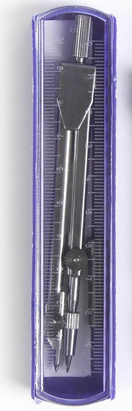 Циркуль металлический чертежный 110 мм с грифелем инструмент для черчения в пластиковом пенале крышка - линейка цвет микс