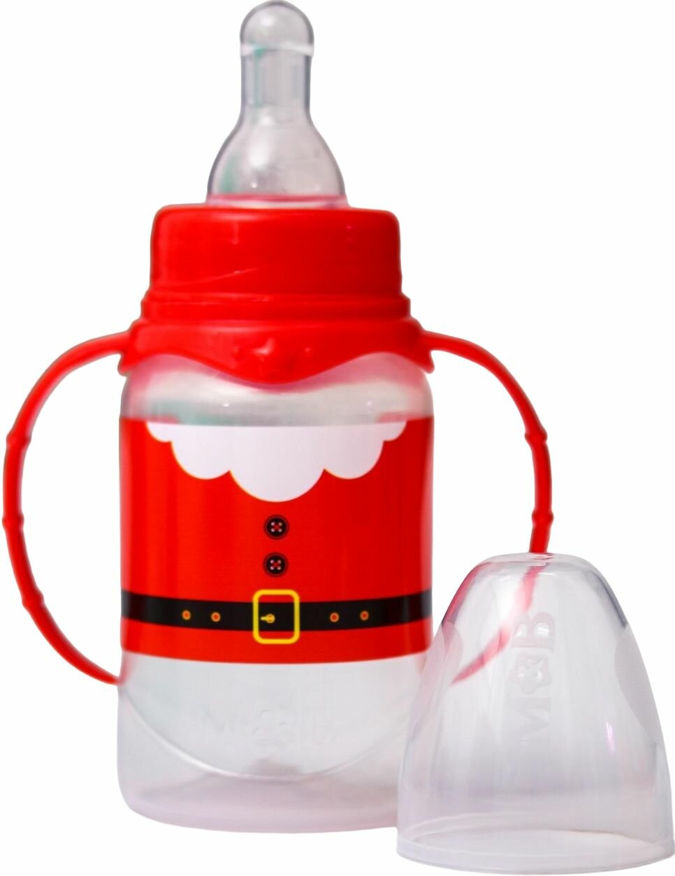 Бутылочка для кормления "Дед Мороз" для новорожденных, поильник с силиконовой соской, непроливайка с ручками для малышей, 150 мл, форма цилиндр, подарочная упаковка, с ручками