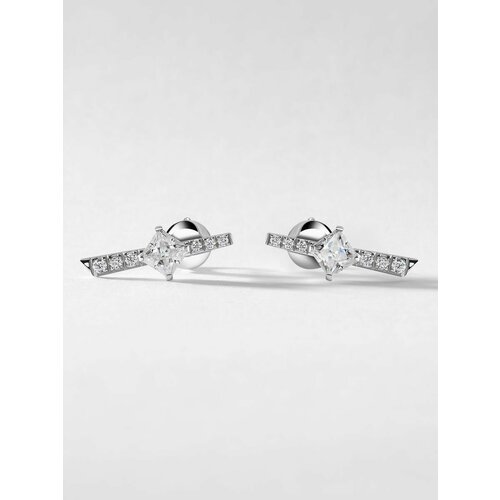 Серьги пусеты KAPLI jewelry, серебро, 925 проба, родирование, фианит, муассанит, размер 7 мм, длина 2.1 см, белый, серый