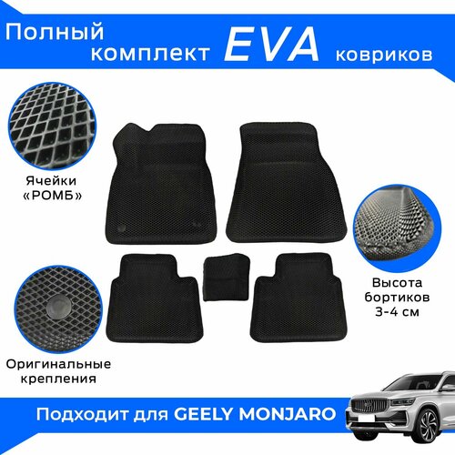 EVA коврики для Geely Monjaro с бортами / Черные / Джили Монжаро / Эва-3Д, Eva-3D