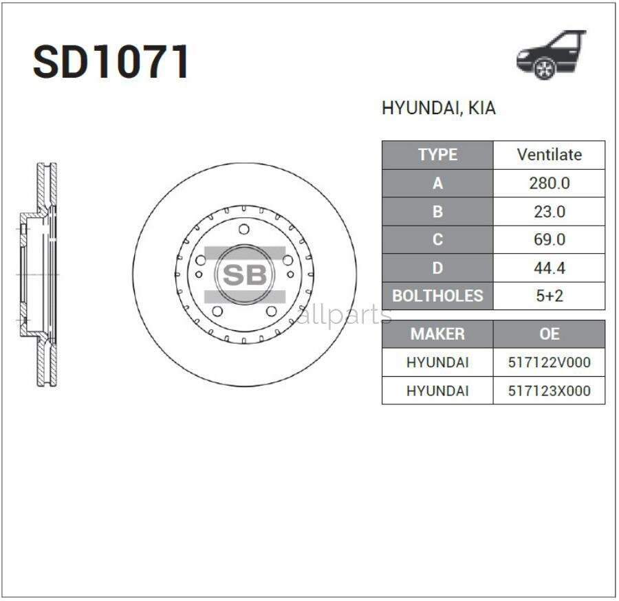 SANGSIN BRAKE SD1071 Диск тормозной HYUNDAI CRETA/i30 11-/KIA CEED 12- передний вент. D 280мм