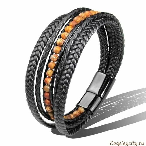 Плетеный браслет CosplaYcitY - мужской многослойный браслет из камней кожаный на руку 16 - 18 см -, кожа, размер 17 см, размер M, черный, коричневый