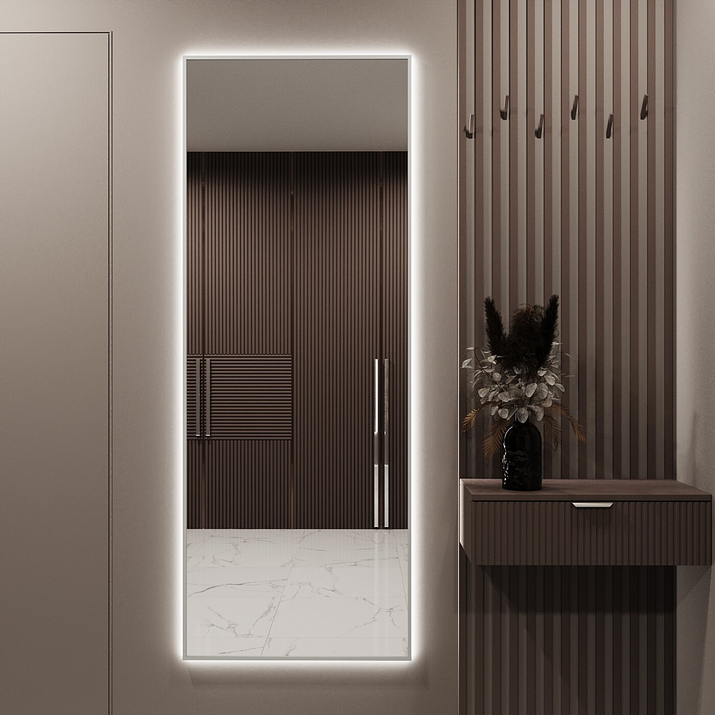 Зеркало с подсветкой в алюминиевой раме настенное Market-house 160х60 см. Свет: Нейтральный Белый 6000К. Серебро