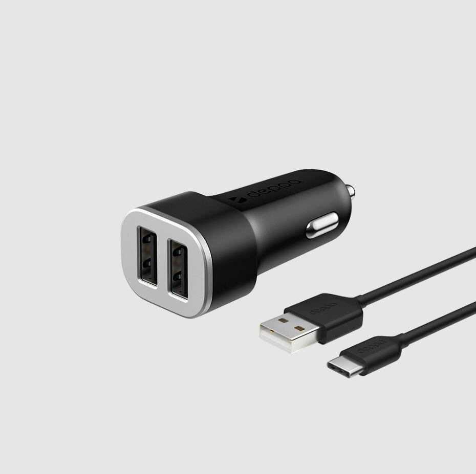 Автомобильное зарядное устройство 2 x USB 3.0 + кабель USB Type-C в прикуриватель