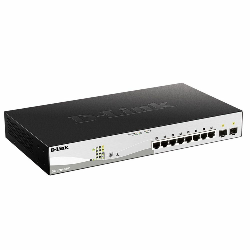 Коммутатор D-Link DGS-1210-10MP/FL1A, L2 Managed Switch with 8 10/100/1000Base-T ports and 2 1000Base-X SFP ports (8 PoE ports 802.3af/802.3at (30 W), PoE Budget 130 W).8K Mac address, 802.3x Flow Control, 256 (DGS-1210-10MP/FL1A)