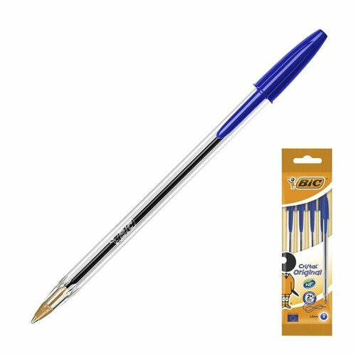 Ручка шариковая, синяя, среднее письмо, прозрачный корпус, BIC Cristal Original bic ручка шариковая cristal original 1 мм синий цвет чернил 106 шт