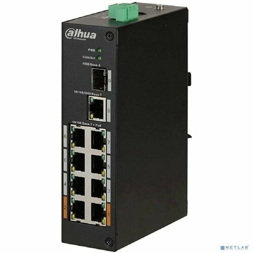 DAHUA Коммутаторы DAHUA DH-PFS3110-8ET-96 8-портовый неуправляемый коммутатор с PoE, уличное исполнение, 8xRJ45 100Mb PoE, 1xRJ45 1Gb + 1xSFP 1Gb uplink, суммарно 96Вт, коммутация 7.6 Гбит/с, MAC-таблица 8К