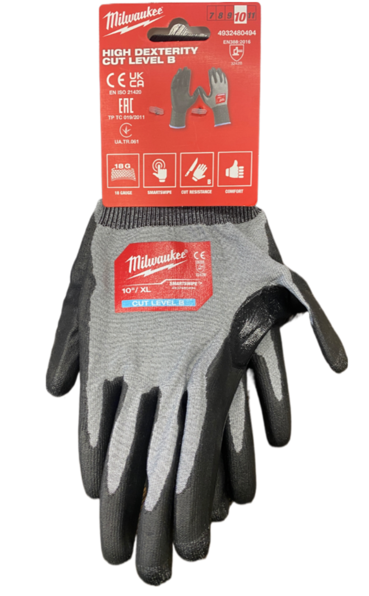 Перчатки Milwaukee Hi-DEX с уровнем сопротивления к порезам 2/B, размер XL/10, 4932480494