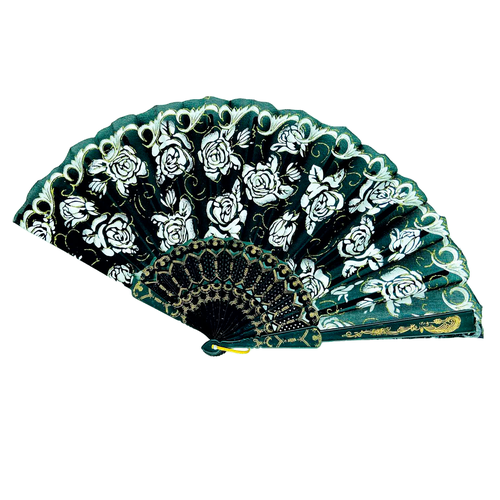 Веер складной с золотыми блестками, черный / Веер на пластиковой основе, 24 см.