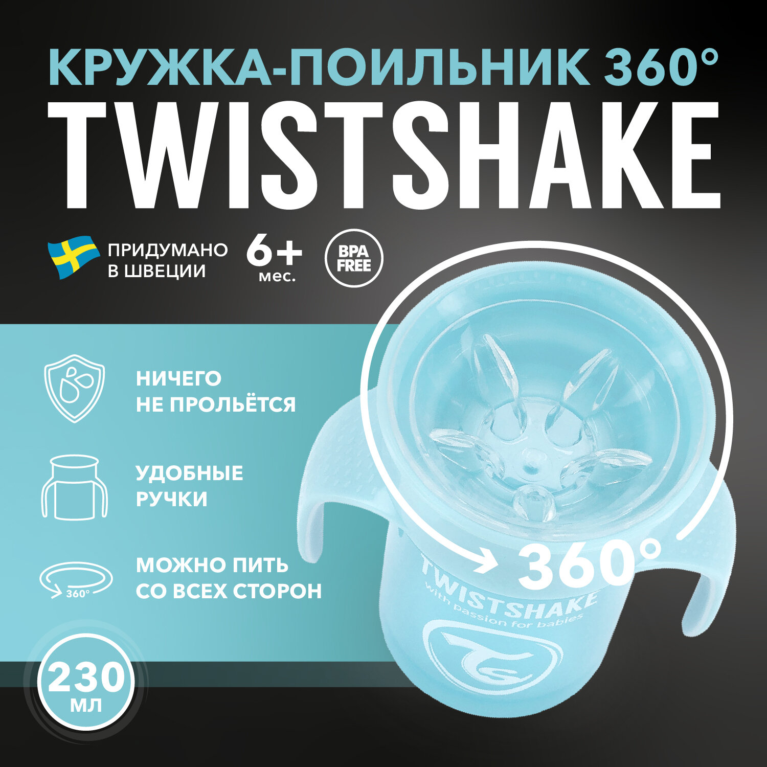 фото Детский поильник непроливайка Twistshake 360 cup 230 мл. Пастельный голубой (Pastel Blue). Возраст 6+ мес.