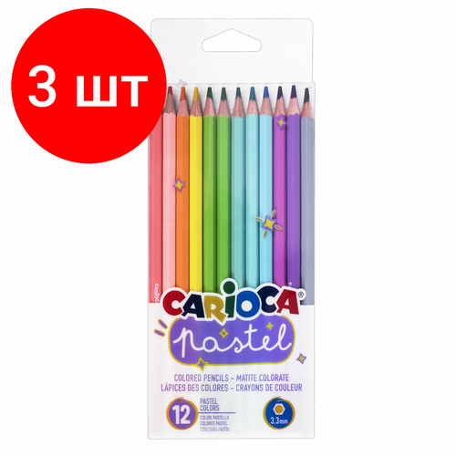 Комплект 3 шт, Карандаши цветные пастельные CARIOCA Pastel, 12 цветов, шестигранные, заточенные, ПВХ чехол, 43034