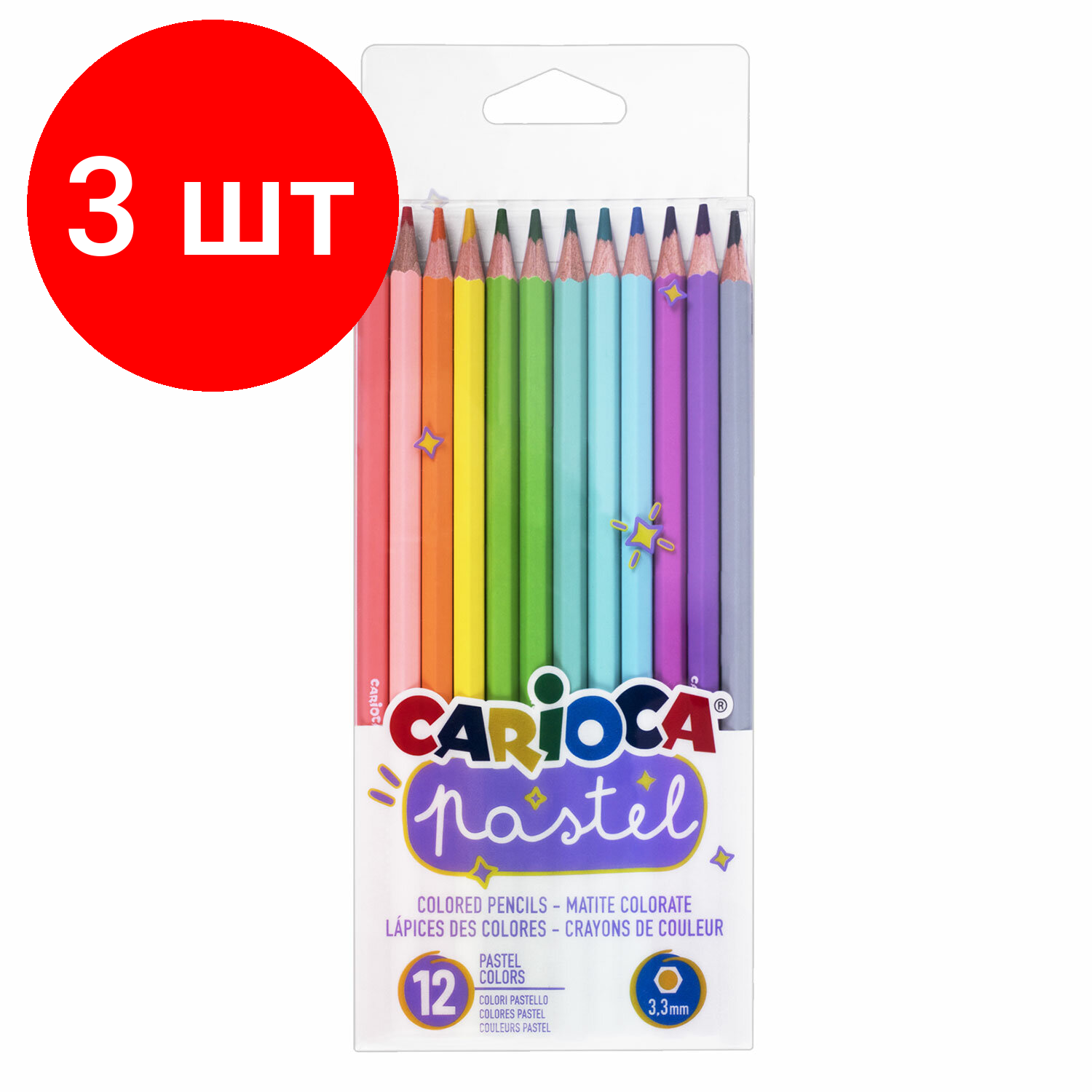 Комплект 3 шт, Карандаши цветные пастельные CARIOCA "Pastel", 12 цветов, шестигранные, заточенные, ПВХ чехол, 43034