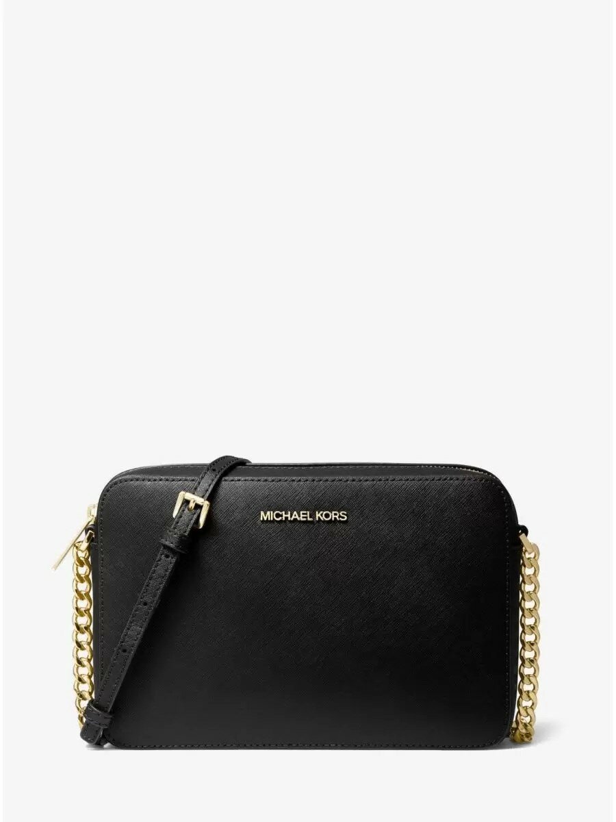 Сумка планшет MICHAEL KORS Сумка женская прямоугольная черная с золотой фурнитурой без украшений из натуральной кожи Michael Kors Logo Jet Set Large Saffiano Leather Crossbody Bag Black Gold 35T8GTTC9L